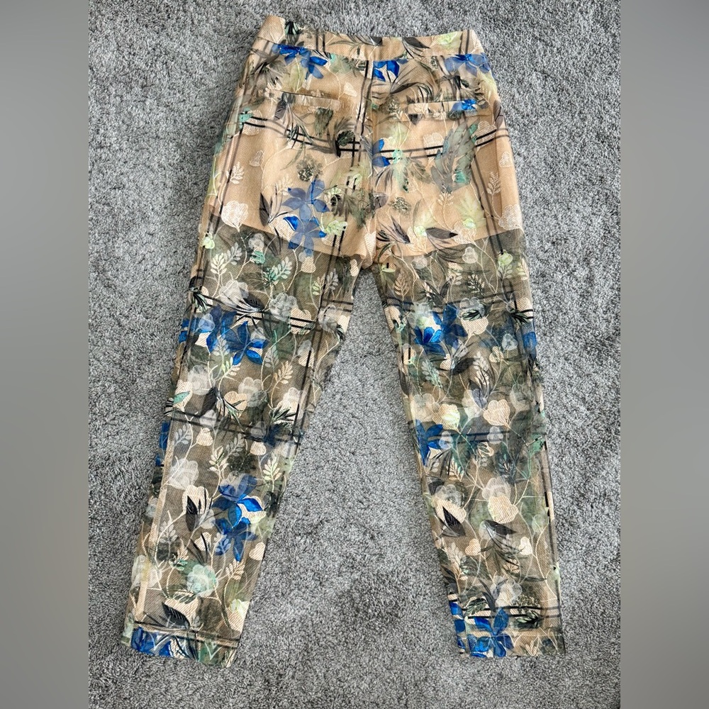 RARE- L'ATISTE floral embroidered sheer mesh Pants-Blue/Tan- Size Small